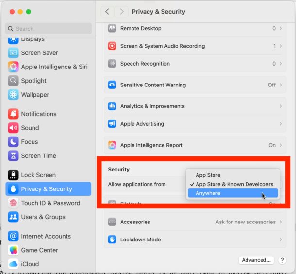 Как разрешить запуск приложений из любых источников в macOS Sequoia и Sonoma