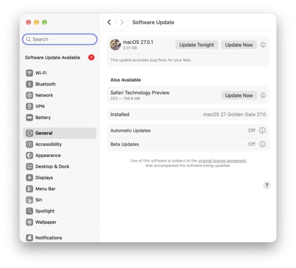Обновление MacOS Golden Gate 27.0.1 с исправлениями багов уже можно скачать